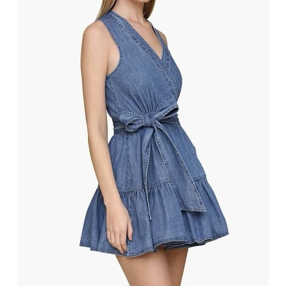 NWT Avec Les Filles Anthropologie Tie Waist Wrap Denim Mini Dress Size 2 $158 - Picture 4 of 11